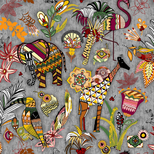 Ubuntu Grey Giraffe & Elephants 120-99783 Cotton Woven Fabric