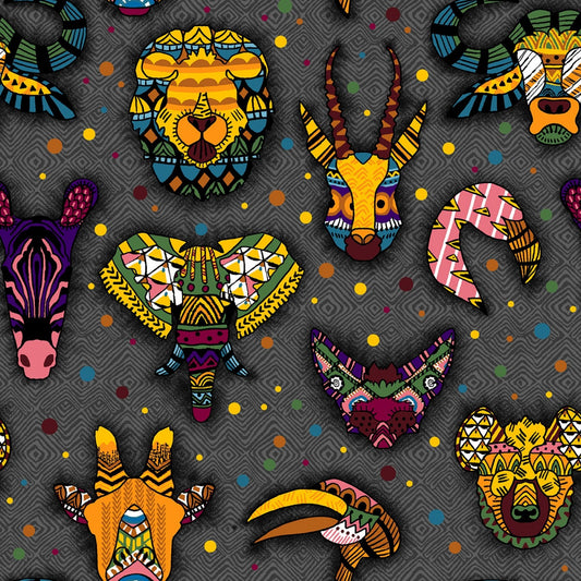 Ubuntu Grey Animal Heads 120-99793 Cotton Woven Fabric