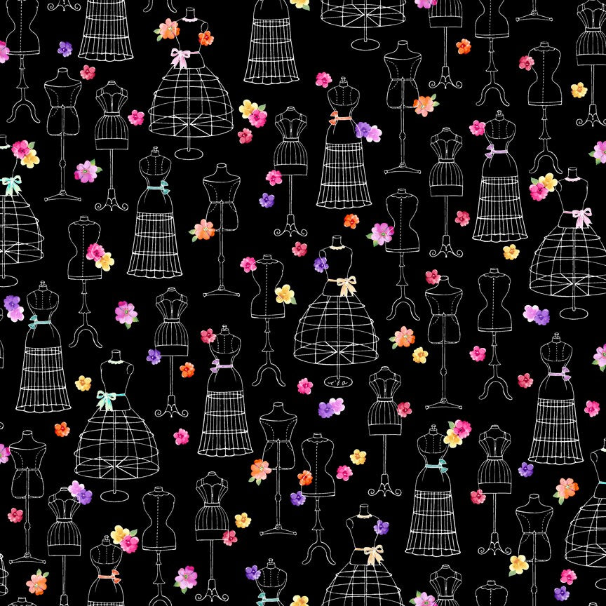 Amour De Fleur by Ink & Arrow Dress Forms on Black 27054J Cotton Woven Fabric