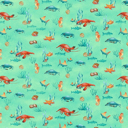 Salty Dogs Aqua Mini Novelty Crabs & Shells 4706-67 Cotton Woven Fabric