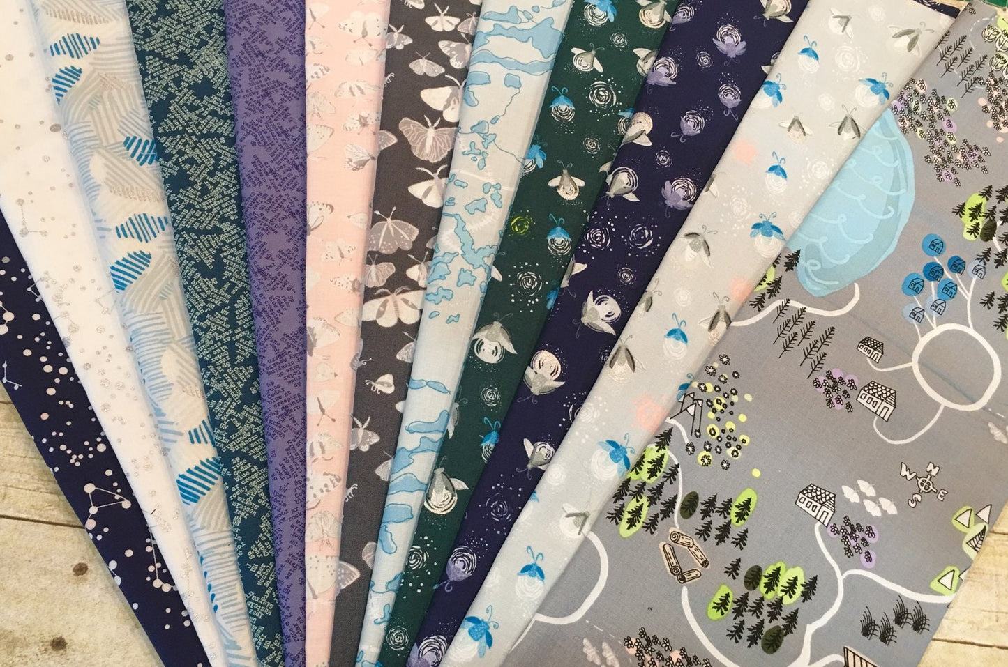 Night Hike by Heather Givens Light Grey Way Finding Metallic Cotton Woven Fabric