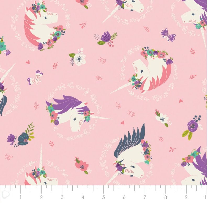 I Believe in Unicorns Unicorns & Flowers in Pink Cotton Woven