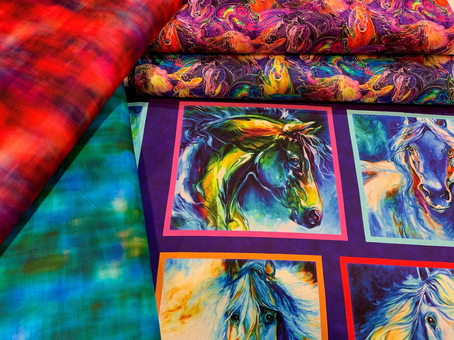 Painted Horses by Marcia Baldwin Purple Painted Horses 6664B-66 Cotton Woven Fabric