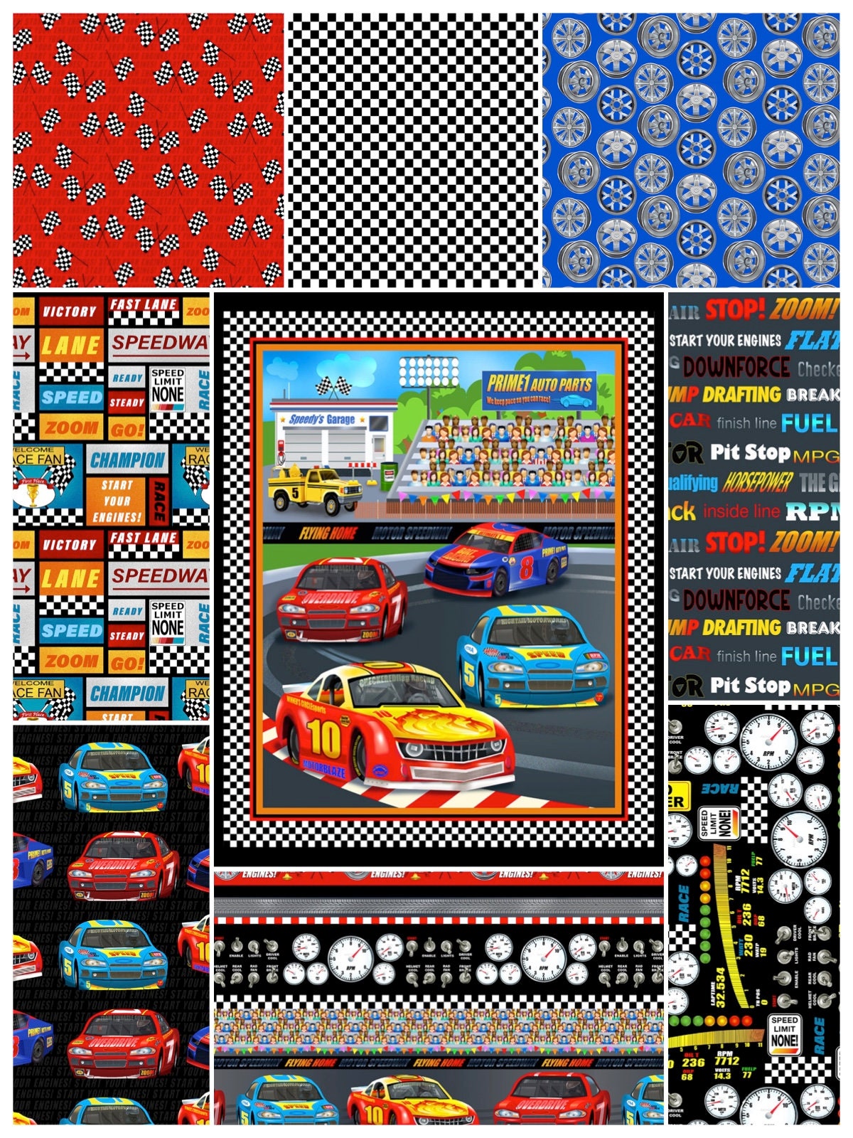 Start Your Engines Cobalt Tire Rims 1752-77 Cotton Woven Fabric