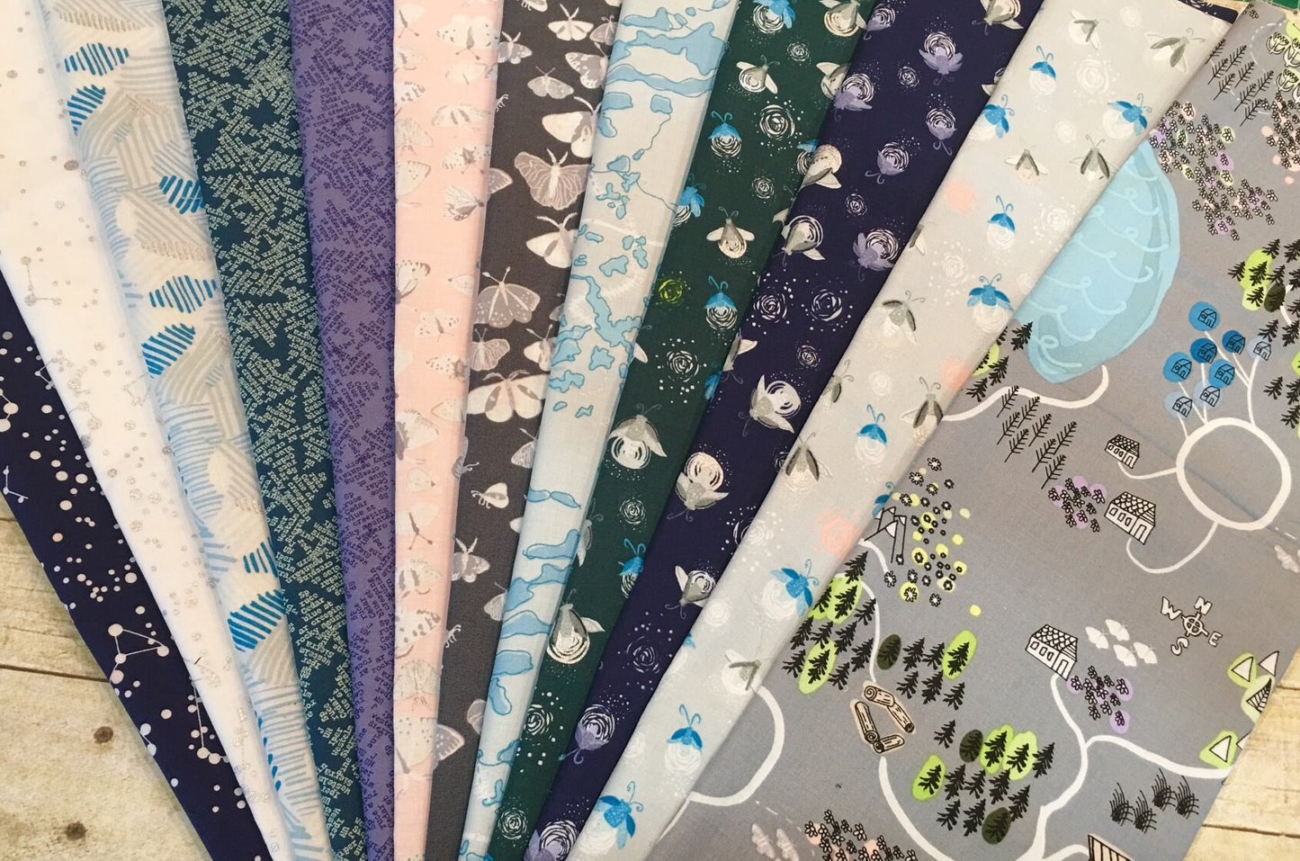 Night Hike by Heather Givens Light Grey Fireflies Metallic Cotton Woven Fabric