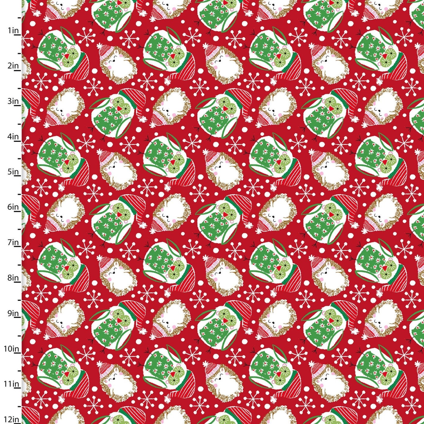 Winter Woodland Red Owls & Hedgehogs 15145-RED Cotton Woven Fabric