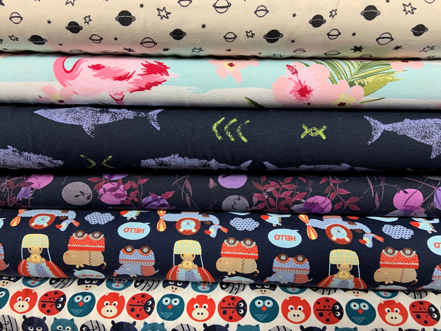 Avalana Knits Multi Animals & Cars on Dark Blue Ground 19-659 Cotton/Spandex Knit