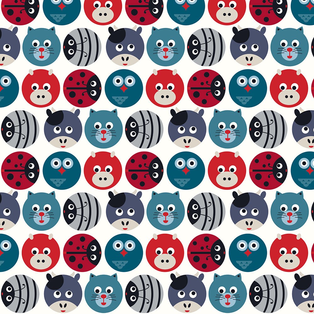 Avalana Knits Circles with Heads of Animals, Birds & Insects in Multi Colors on Off White 19-188 Cotton/Spandex Knit