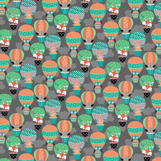Owl's Woodland Adventure by Sharla Fults Owls in Hot Air Balloons Dk Gray 5073-96 Cotton Woven Fabric