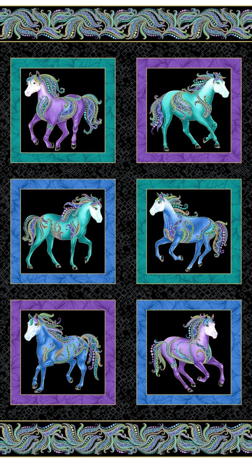 Horsen Around by Ann Lauer 24" Panel Black/Multi with Metallic 6850MB-12 Cotton Woven Panel