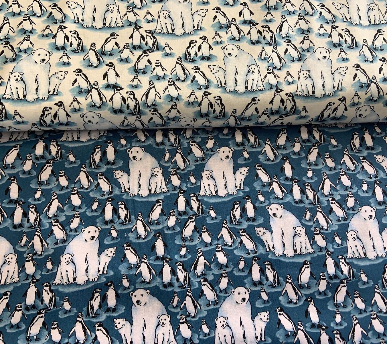 Family Fun Day Side by Side White Polar Bears & Penguins CX9040-WHIT Cotton Woven Fabric