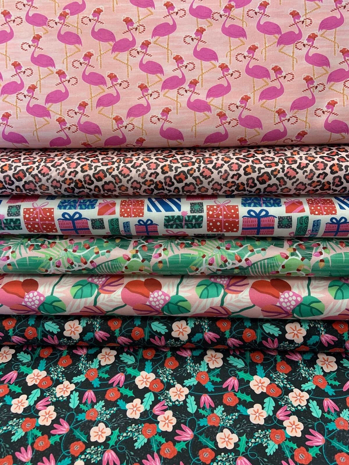 Flamingo Christmas by Lauren Lesley Presents Blue 120-21437 Cotton Woven Fabric