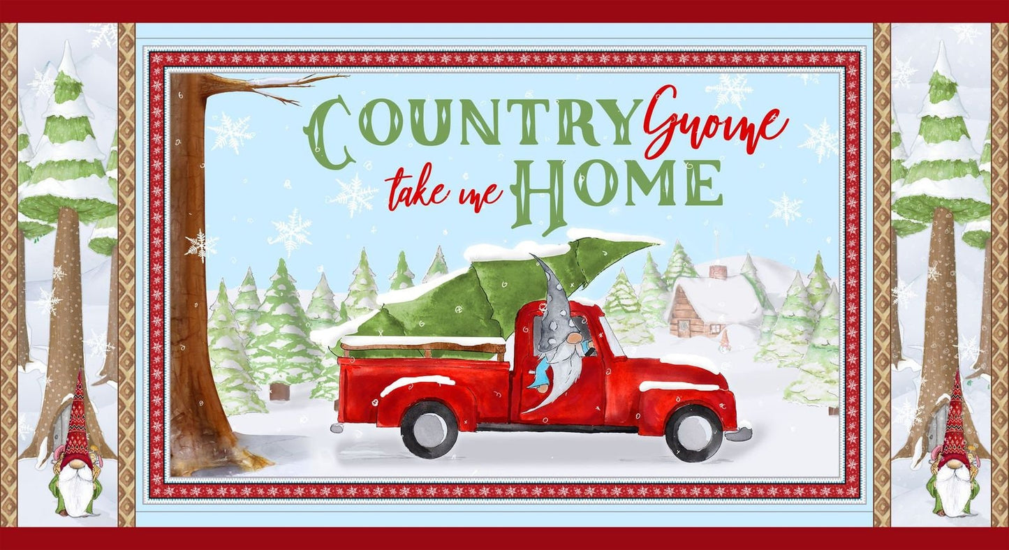 Gnoming Through the Snow by Hugo Edwards 24" Panel Red Truck Lt Blue 1097P-11 Cotton Woven Panel