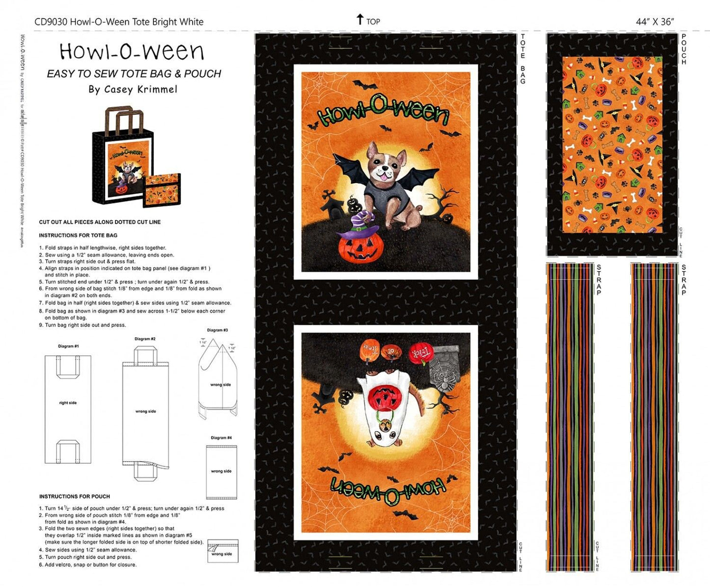Howl-O-Ween by Casey Krimmel 36" Panel Howl o ween Tote DDD9030-BWHT Cotton Duck Fabric