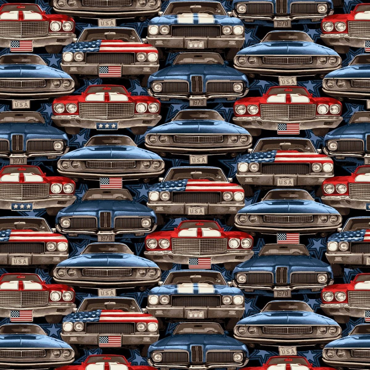 American Muscle by Chelsea Designworks Patriotic On Coming Cars 5334-78 Cotton Woven Fabric