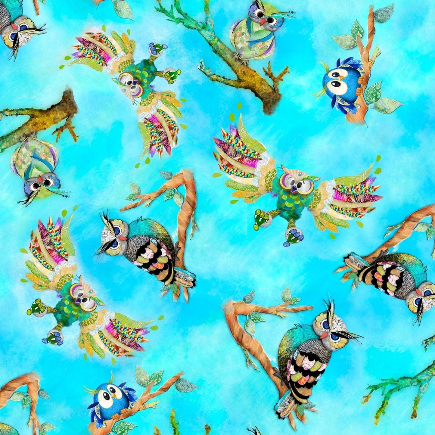 Go Owl Out by Connie Haley Birds Turquoise 16504-TURQ Digitally Printed Cotton Woven Fabric
