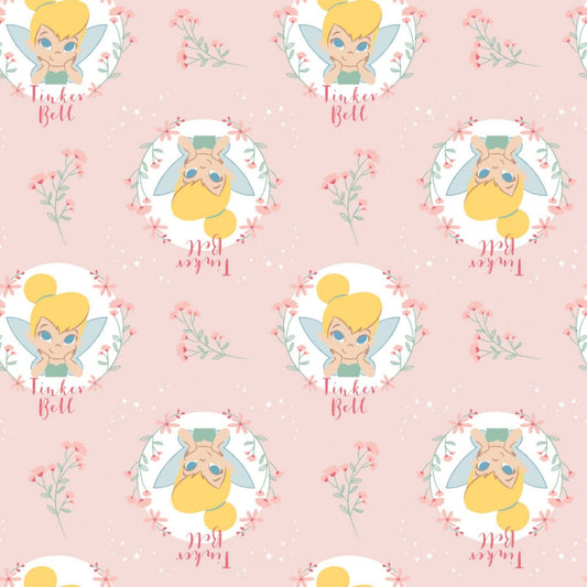 Peter Pan & Tinker Bell Floral Badges on Pink 85400303B-1 Flannel Cotton Flannel Fabric