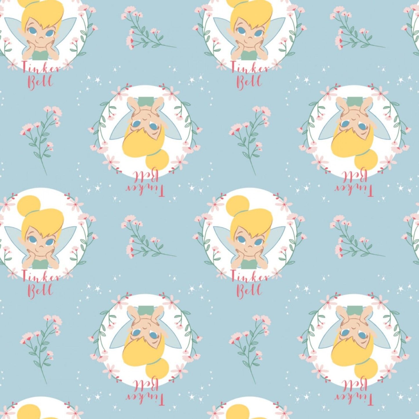 Peter Pan & Tinker Bell Floral Badges on Lt. Blue 85400303B-2 Cotton Flannel Fabric