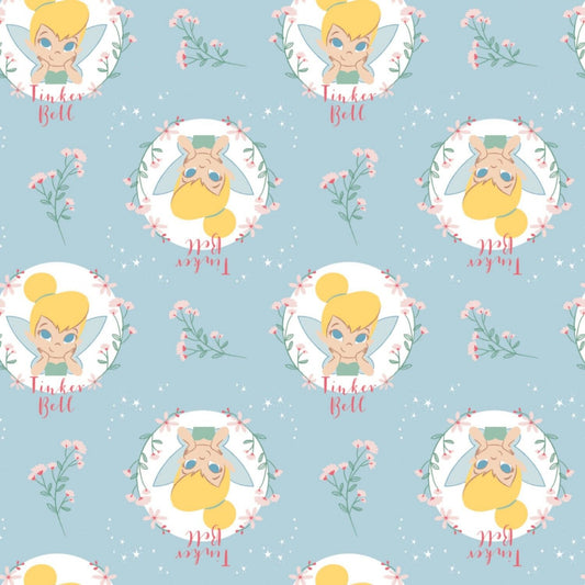Peter Pan & Tinker Bell Floral Badges on Lt. Blue 85400303B-2 Cotton Flannel Fabric