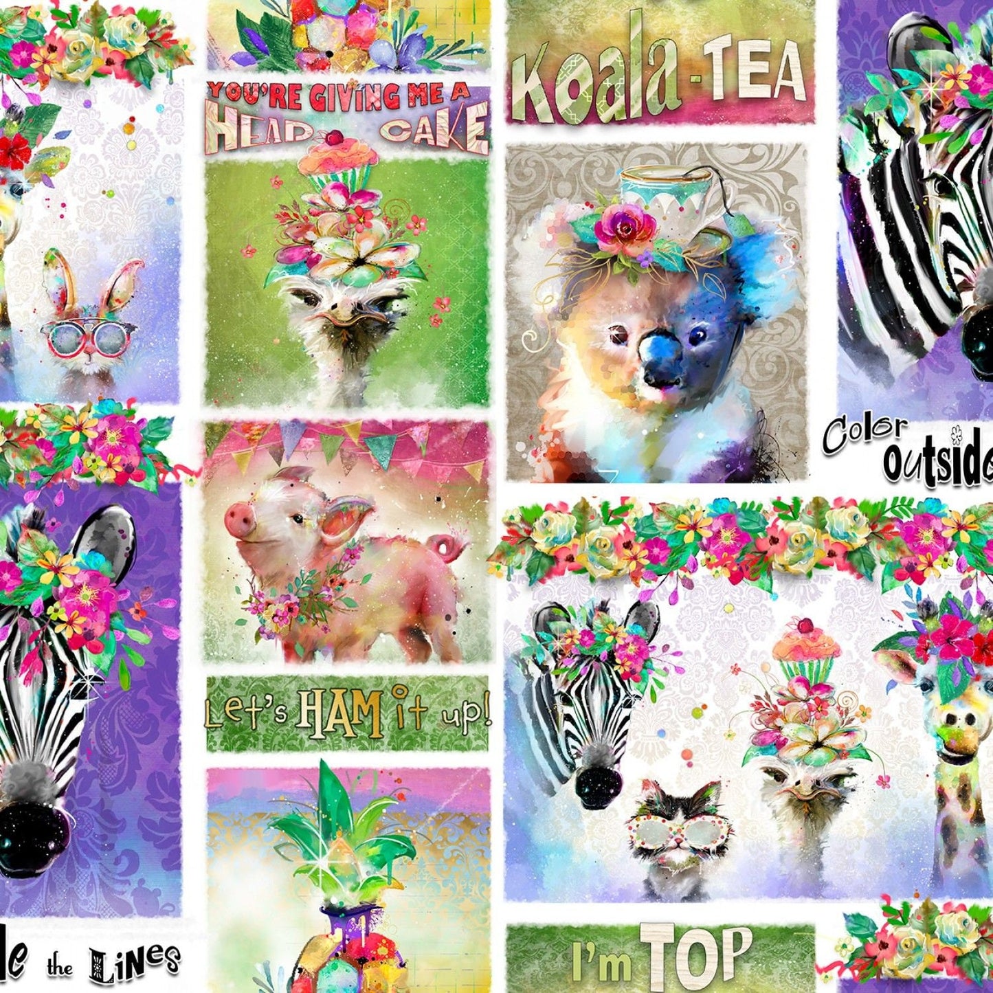 Party Animals by Connie Haley Animal Phrases 17320-WHT Digitally Printed Cotton Woven Fabric