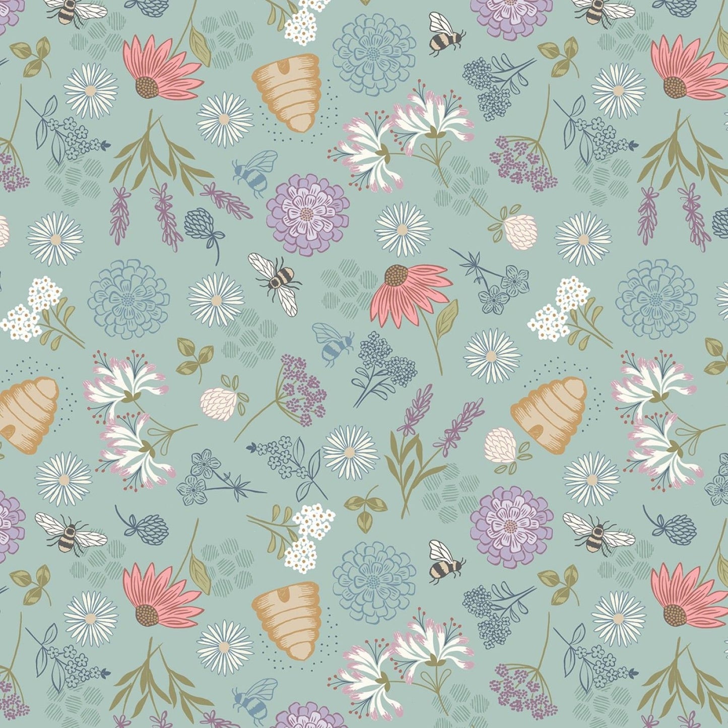 Queen Bee Bee Floral on Light Duck Egg A504.2 Cotton Woven Fabric
