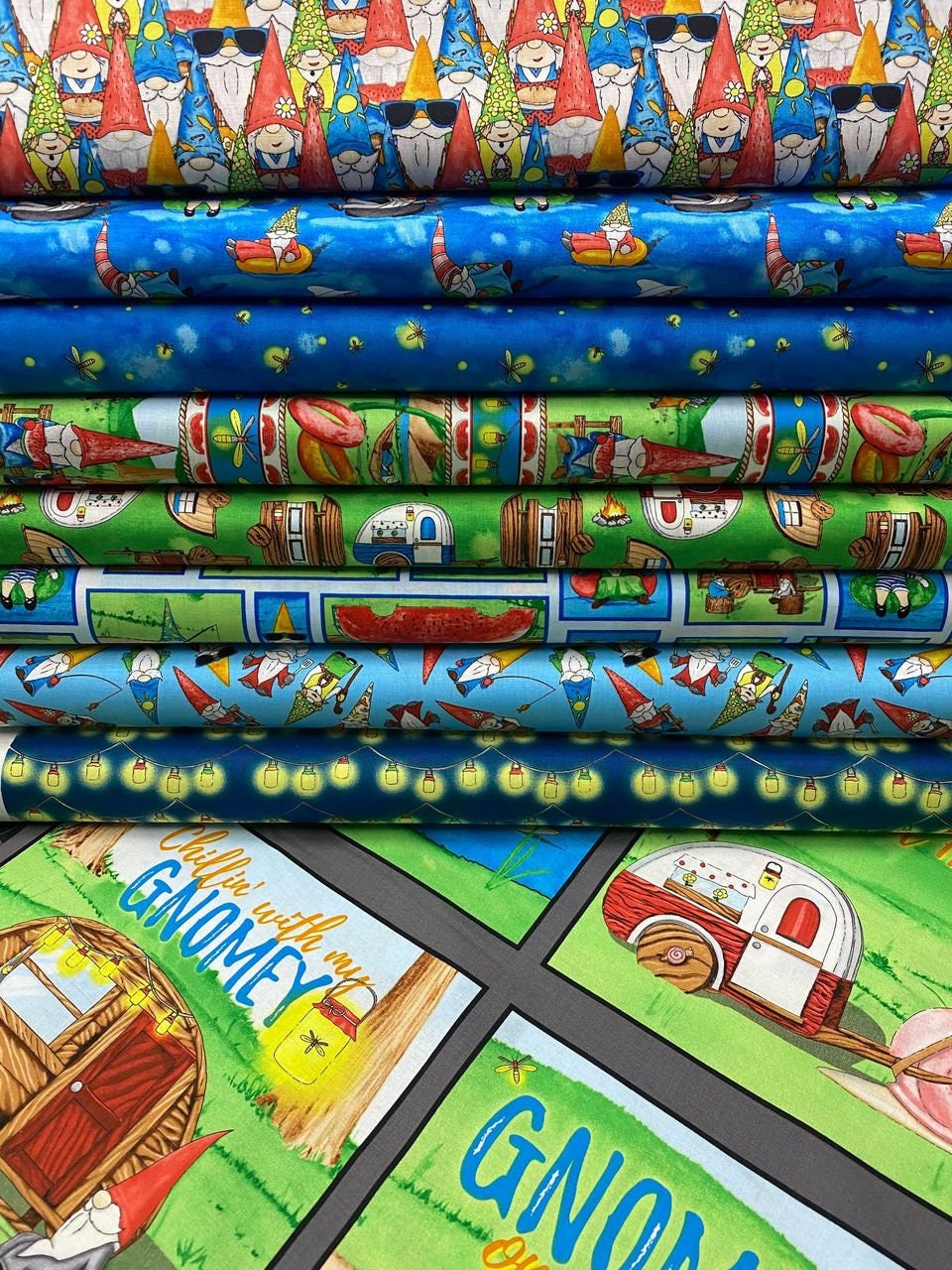 Hangin' With My Gnomies by Hugo Edwins Gnomes Tossed Lt Blue 1444-70 Cotton Woven Fabric