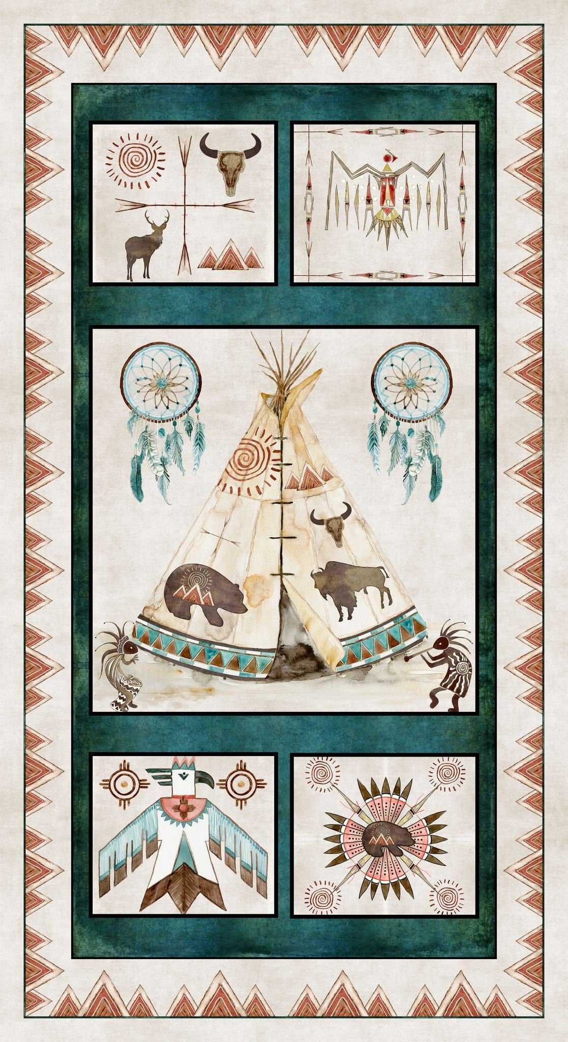 Buffalo Run by AJ's Watercolor Studio 24" Panel Tee Pee Ecru 1384P-41  Cotton Woven Panel