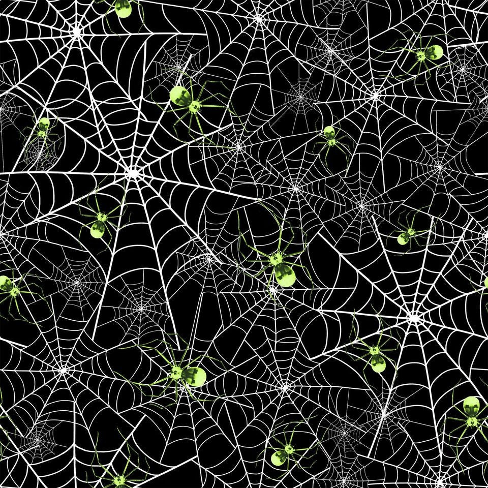 Hocus Pocus Halloween Spiderwebs with Spiders Black 1580G-99 Glow in the Dark Cotton Woven Fabric