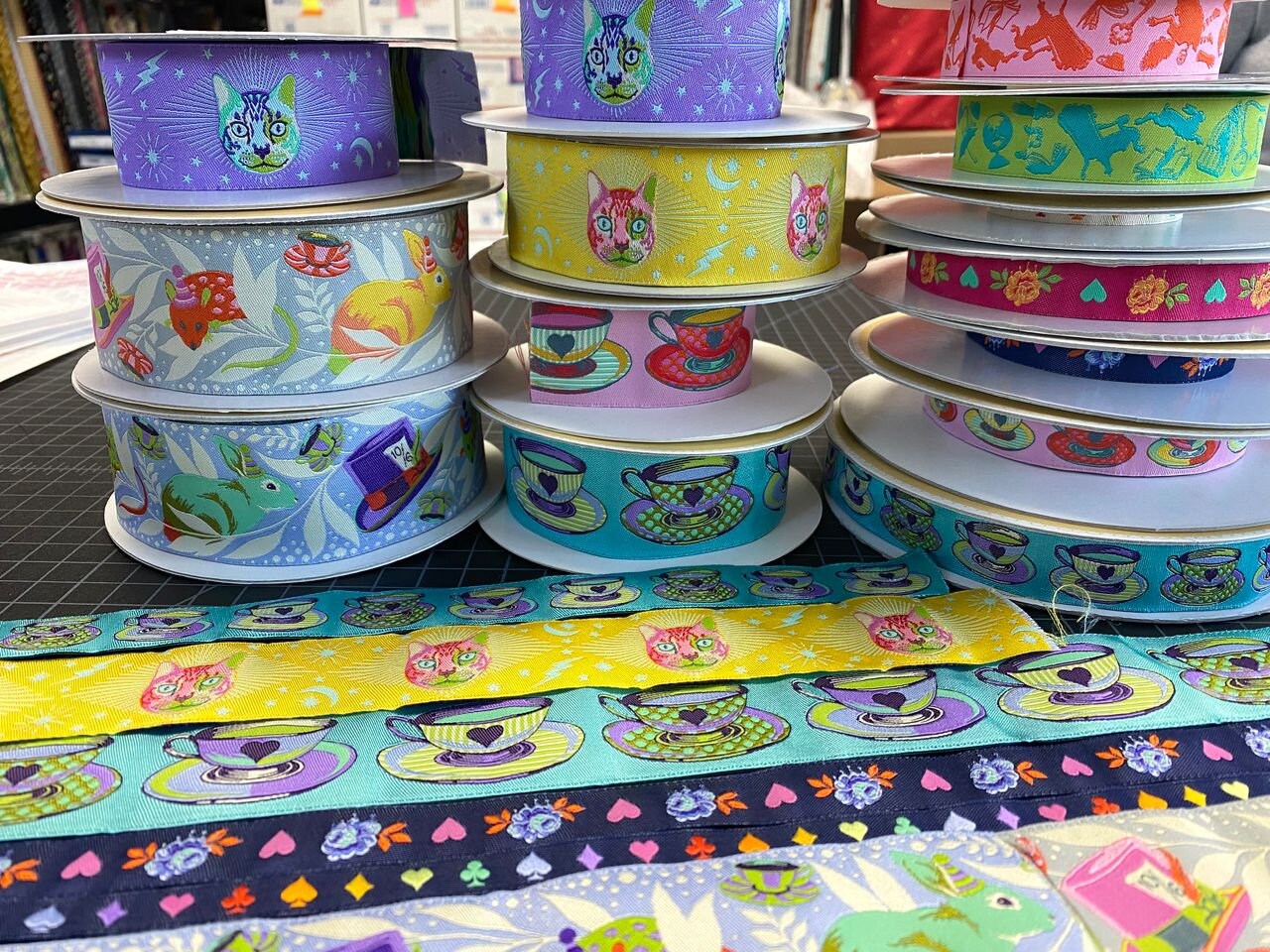 Tula Pink Curiouser & Curiouser Ribbon 7/8 Inch Tea Time Pink TK 73 22mm Col 2c Woven Ribbon Priced per yard