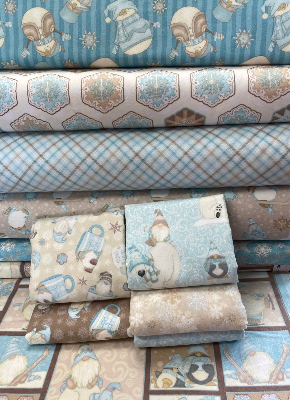 I Love SN'Gnomes by Shelly Comisky Skiing Gnomes Aqua F9641-11 100% Cotton Flannel Fabric