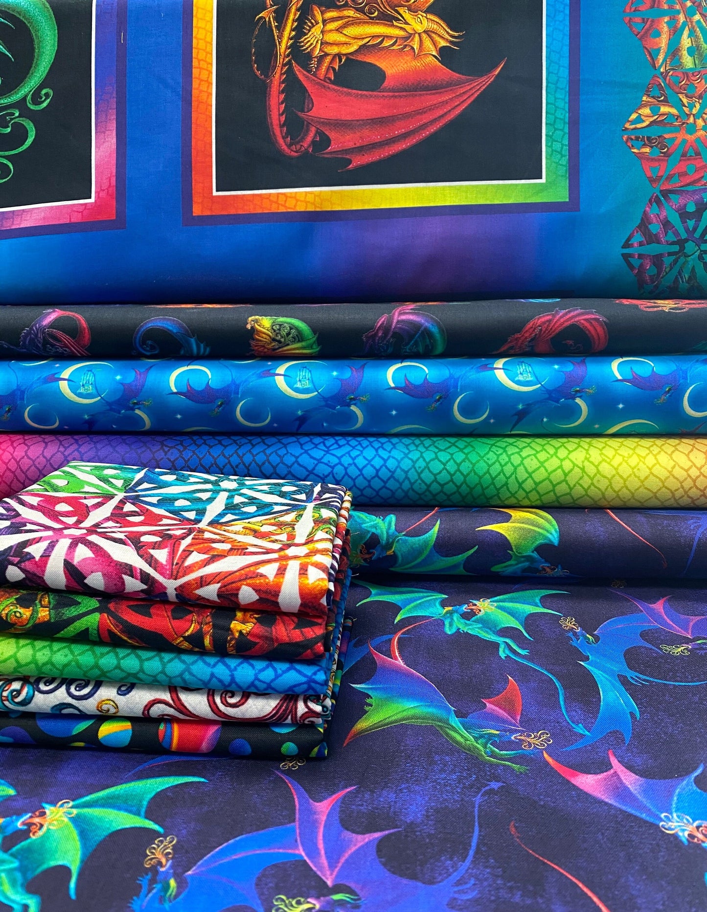 Rainbow Dragons by Sue Ellen Brown Moon Light Dragon Cyan 5844-76 Digitally Printed Cotton Woven Fabric