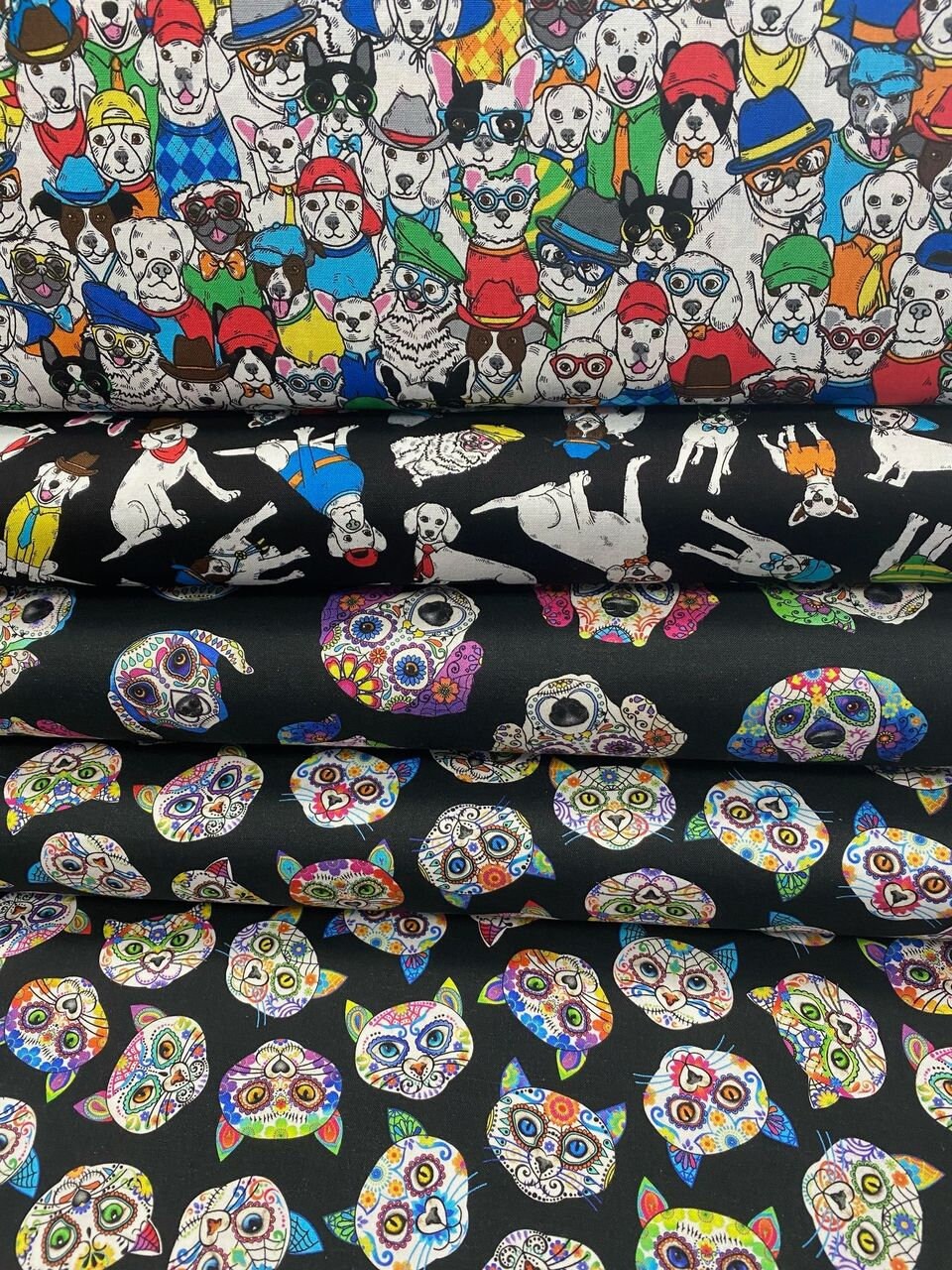 Dapper Dog Cartoon Dogs with Hats Tossed DOG-C8919-BLACK Cotton Woven Fabric