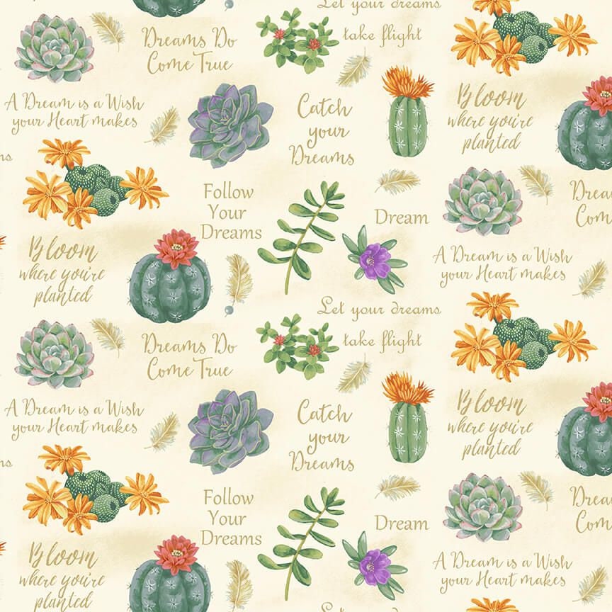 Dream Catcher by Jane Alison Succulents and Sayings 9746 46 Cotton Woven Fabric