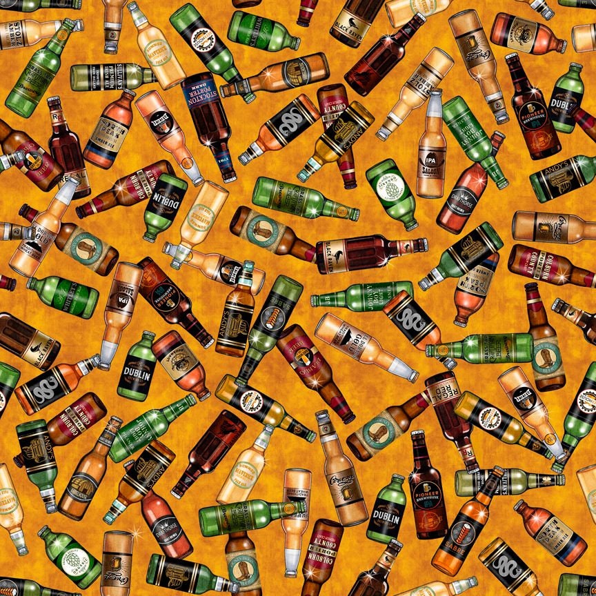On Tap by Dan Morris Beer Bottles Butterscotch 28421S Cotton Woven Fabric