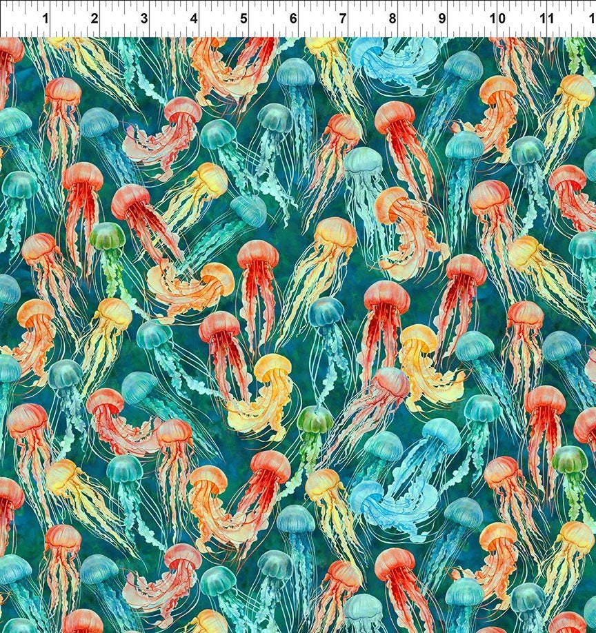 Calypso 2 by Jason Yenter Jellyfish Teal 30cal-2 Cotton Woven Fabric