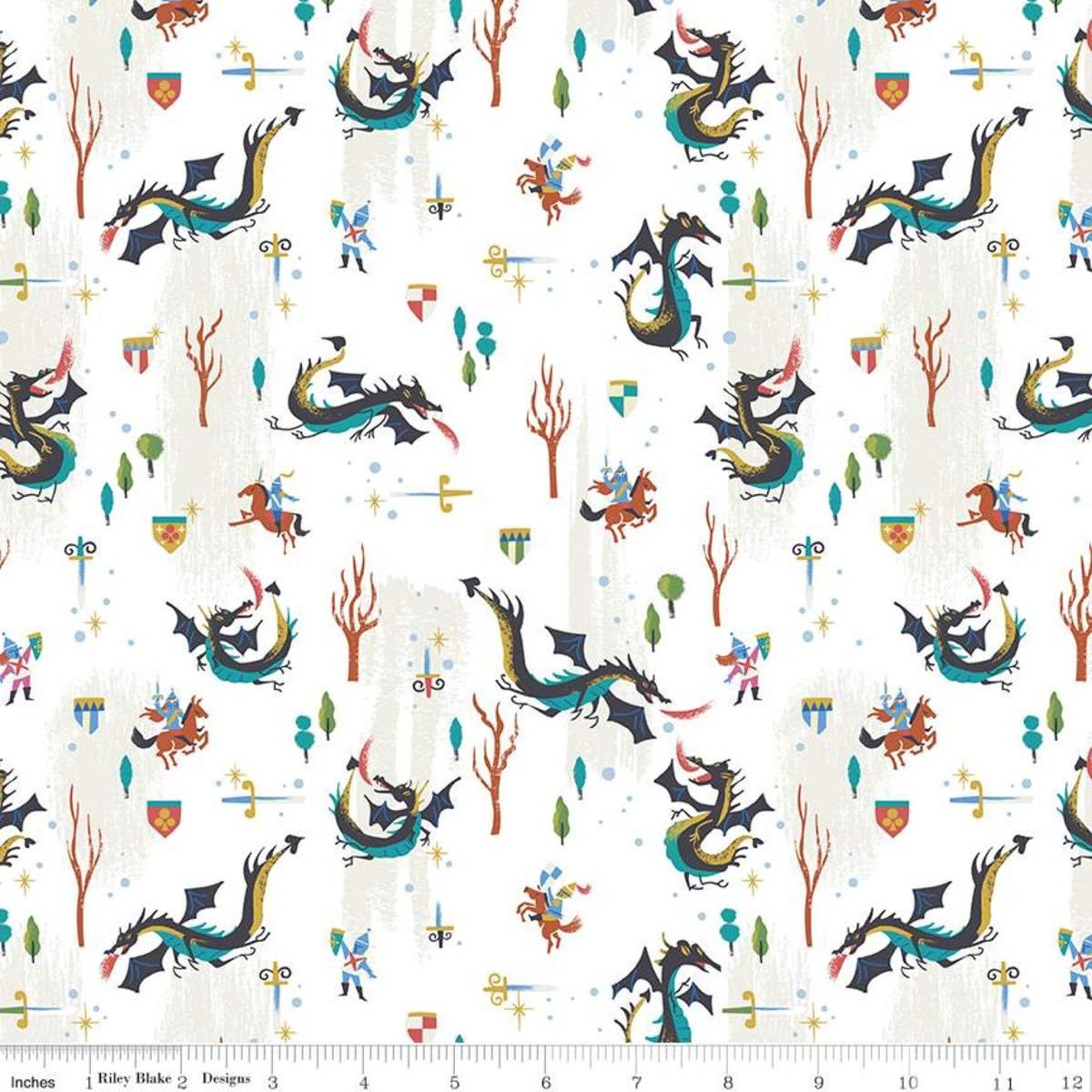 Little Brier Rose by Jill Howarth Dragons White Sparkle SC11072-WHITE Cotton Woven Fabric