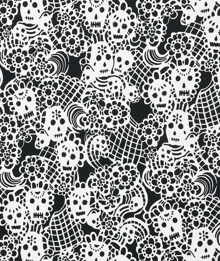 Folklorico Flora de los Muertos Black and White 5505H Cotton Woven Fabric