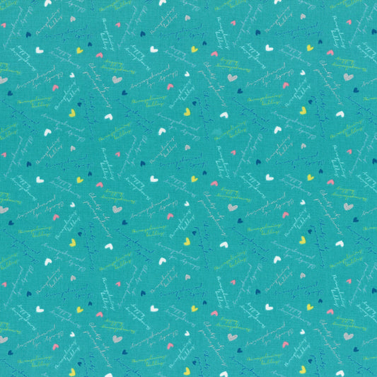 Radiant Girl by Koko Seki Aqua Hearts and Words Metallic Cotton Woven