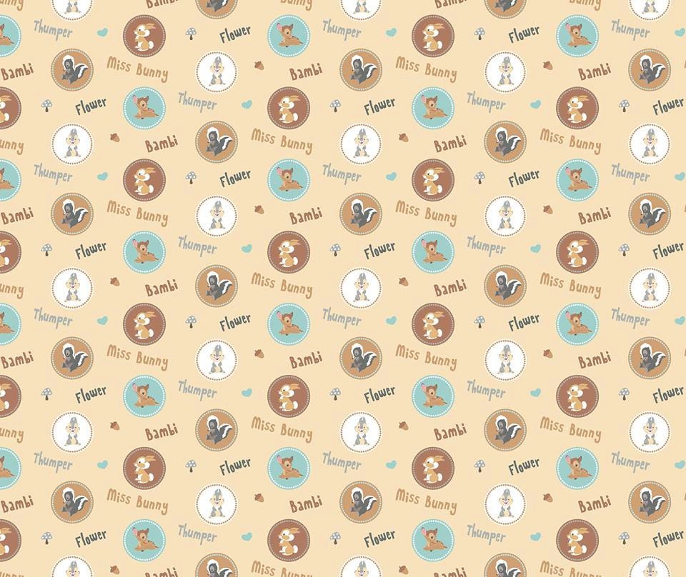 Springs Creative Bambi Character Badges, Happy Together on Beige Cotton Woven Fabric