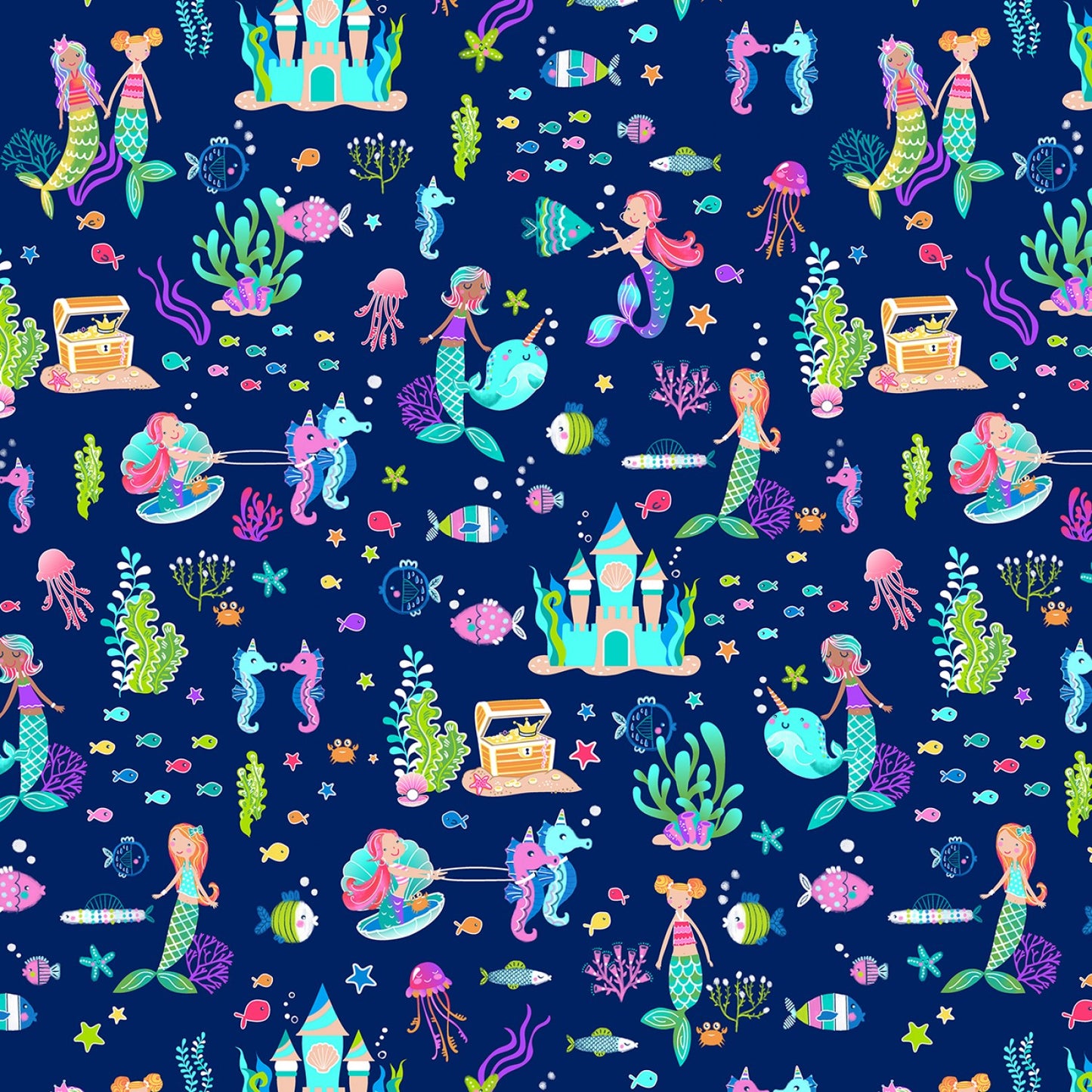 Mystical Mermaids Mermaid Party Pearlized Navy 12520PB-56 Cotton Woven Fabric