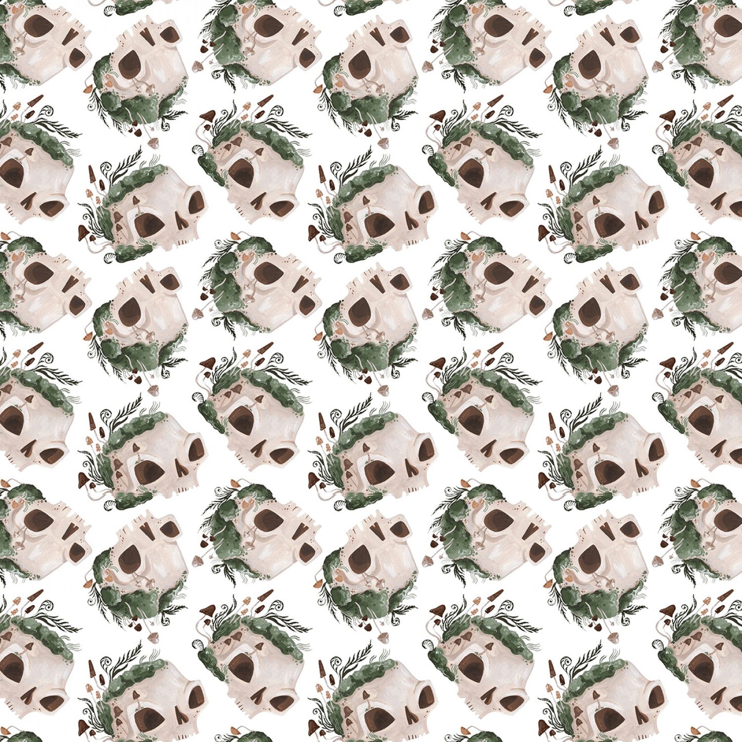 Goblincore by Rae Ritchie Mossy Skulls White ST-DRR2538WHITE Cotton Woven Fabric