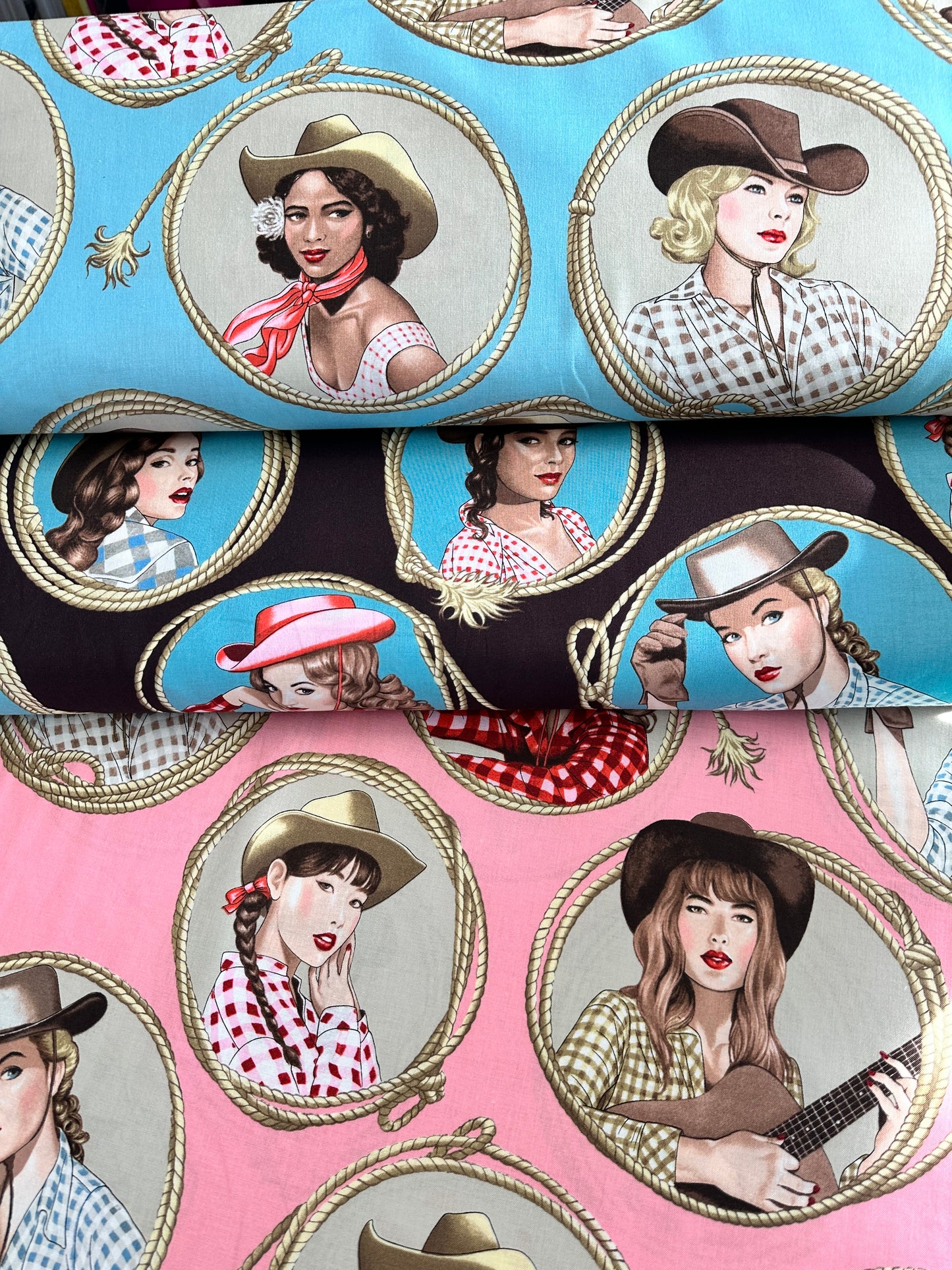 Nicole's Prints Country Girl Pink (Diameter of circle with Asian cowgirl is 6" top to bottom) 9039C Cotton Woven Fabric