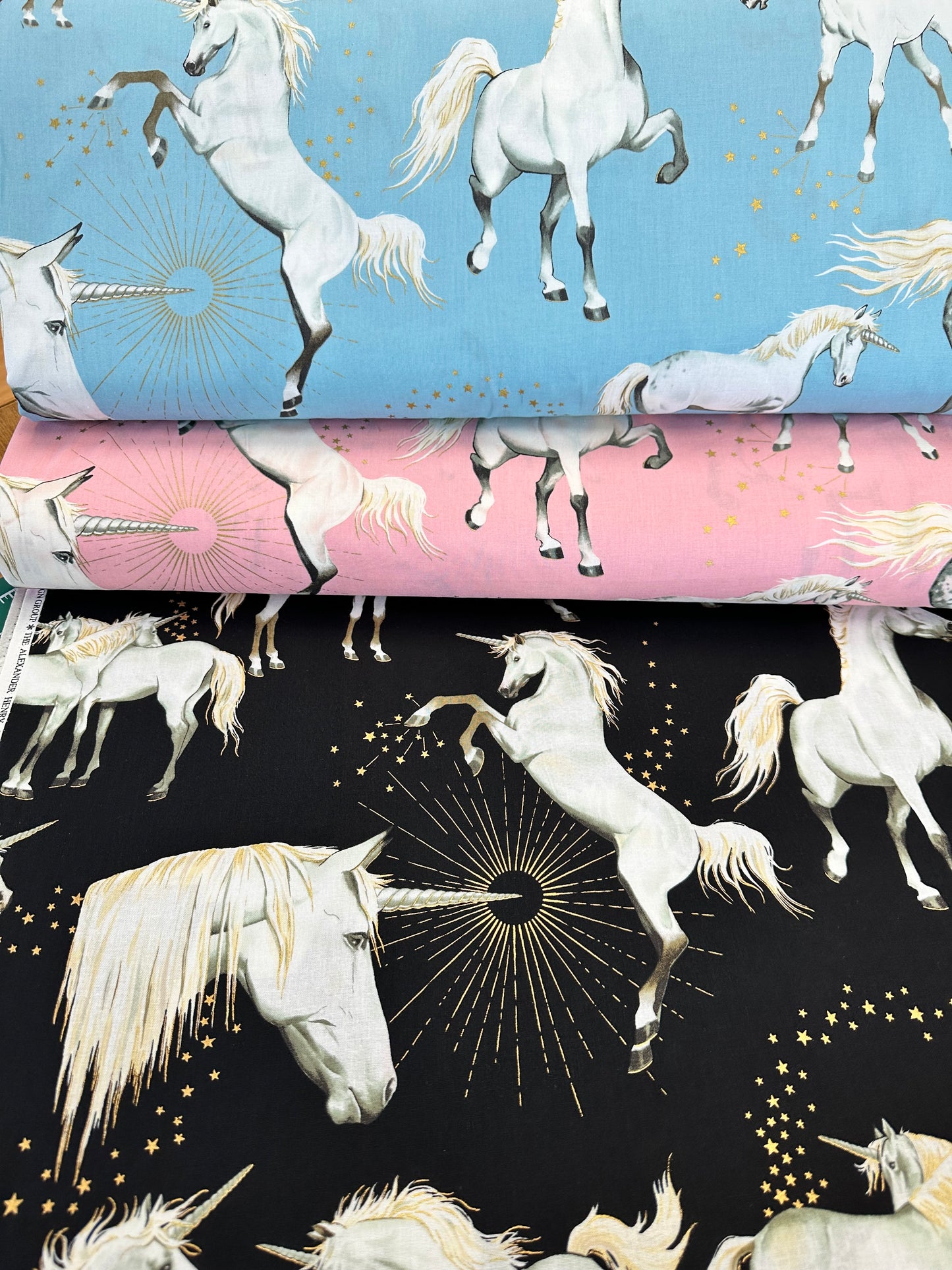 Nicole's Prints Stars of the Unicorns Sky (Large unicorn head is 8.25" from top of the horn) 8676A Cotton Woven Fabric