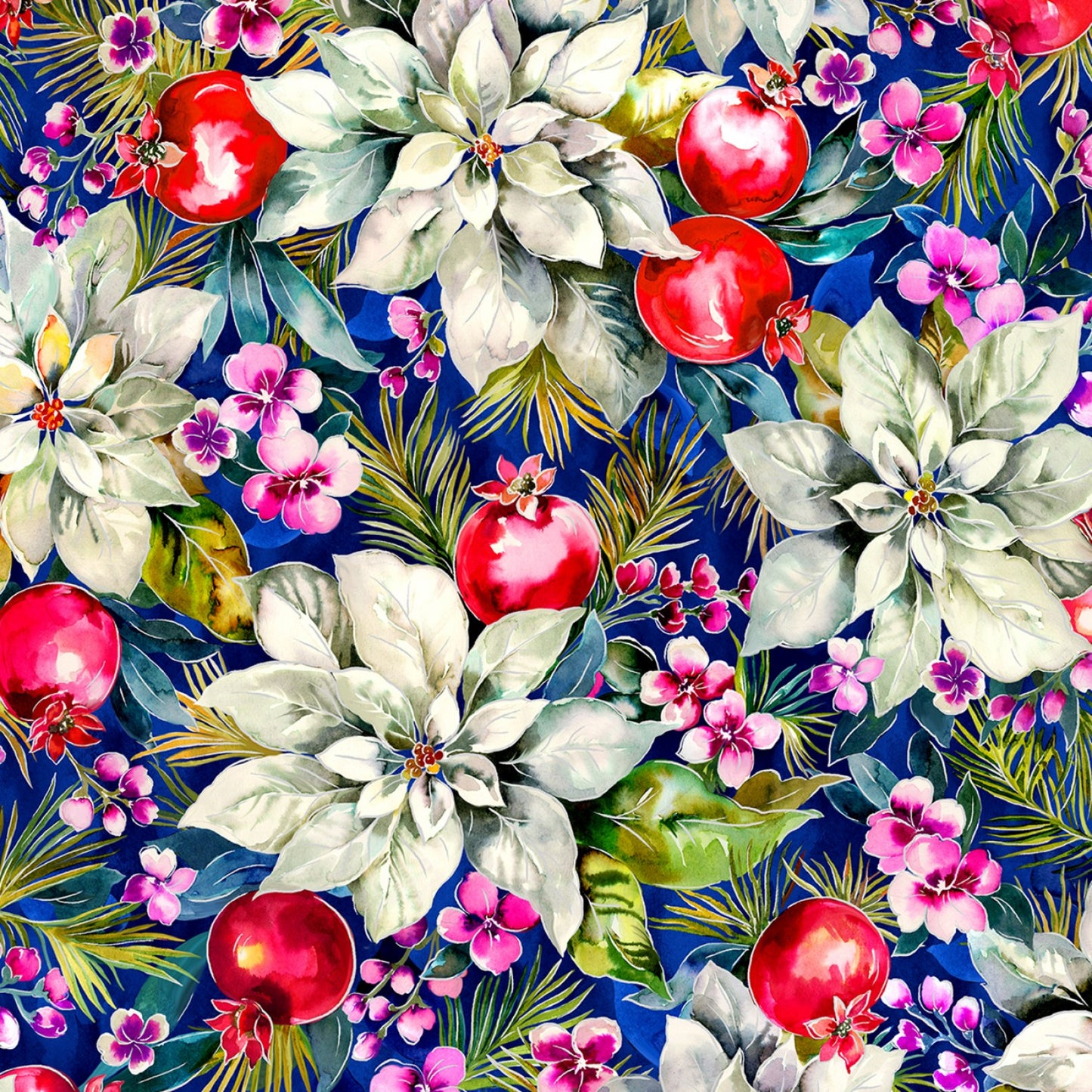 Noel Digitally Printed Poinsettia Floral Blue 595271 Cotton Woven Fabric