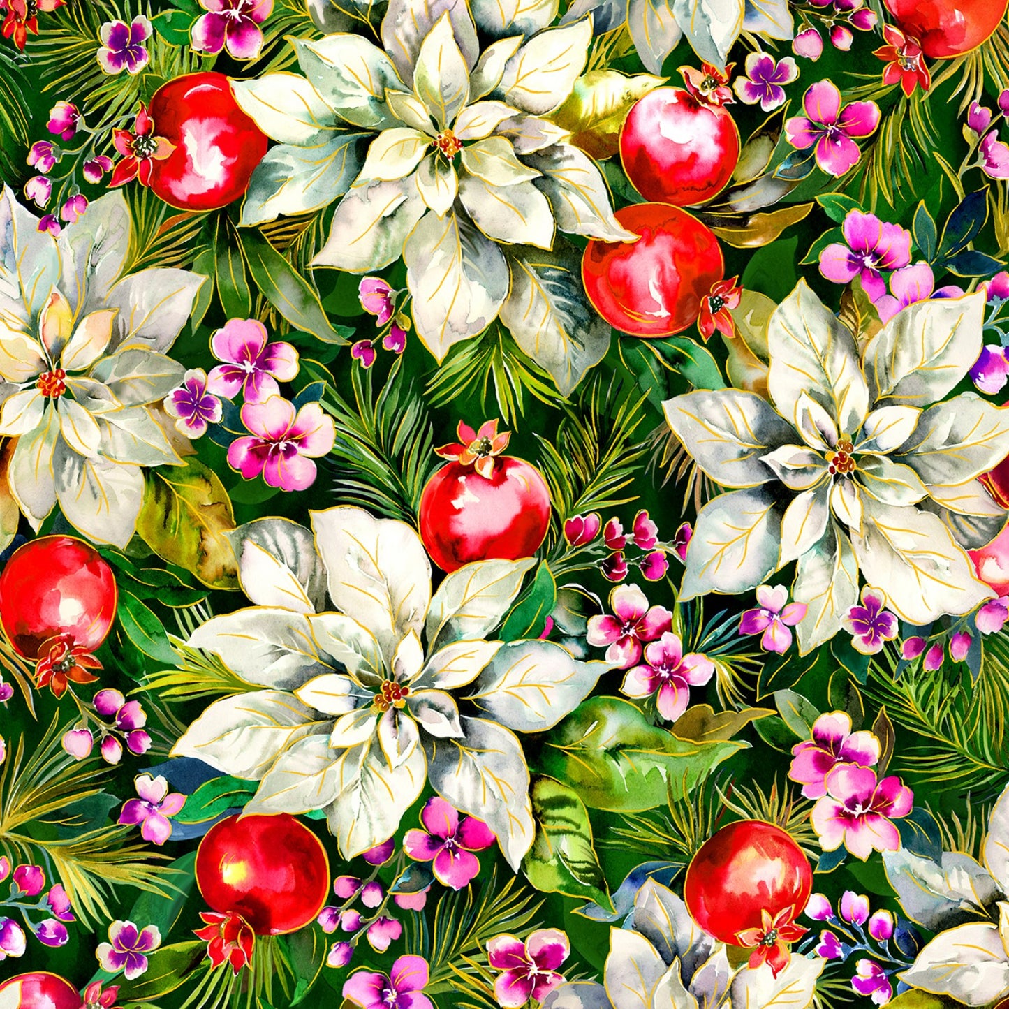 Noel Digitally Printed Poinsettia Floral Green 595272 Cotton Woven Fabric