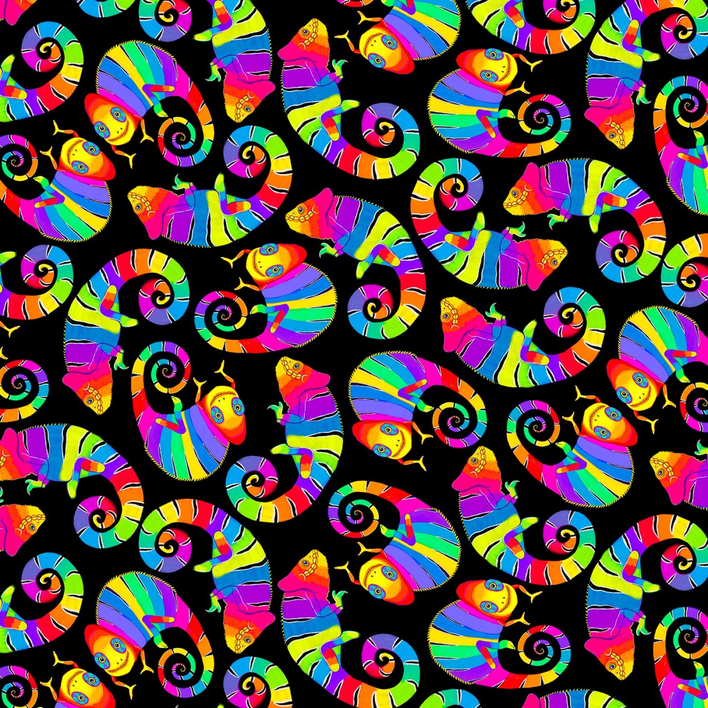 Prismatic by Nick Gustafson Rainbow Chameleons Black CD1487-BLACK Cotton Woven Fabric
