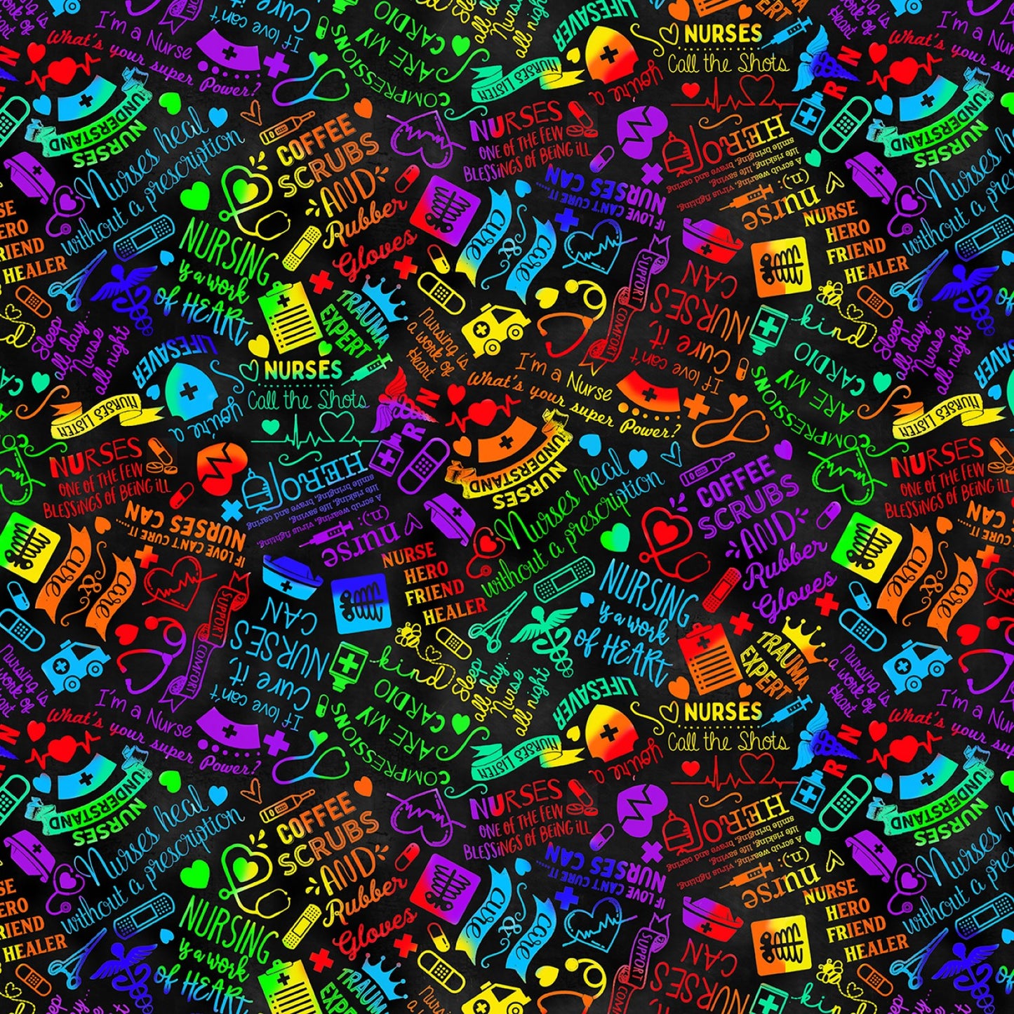 Proud to be a Nurse by Gail Cadden Rainbow Nursing Text Black CD1578-BLACK Cotton Woven Fabric