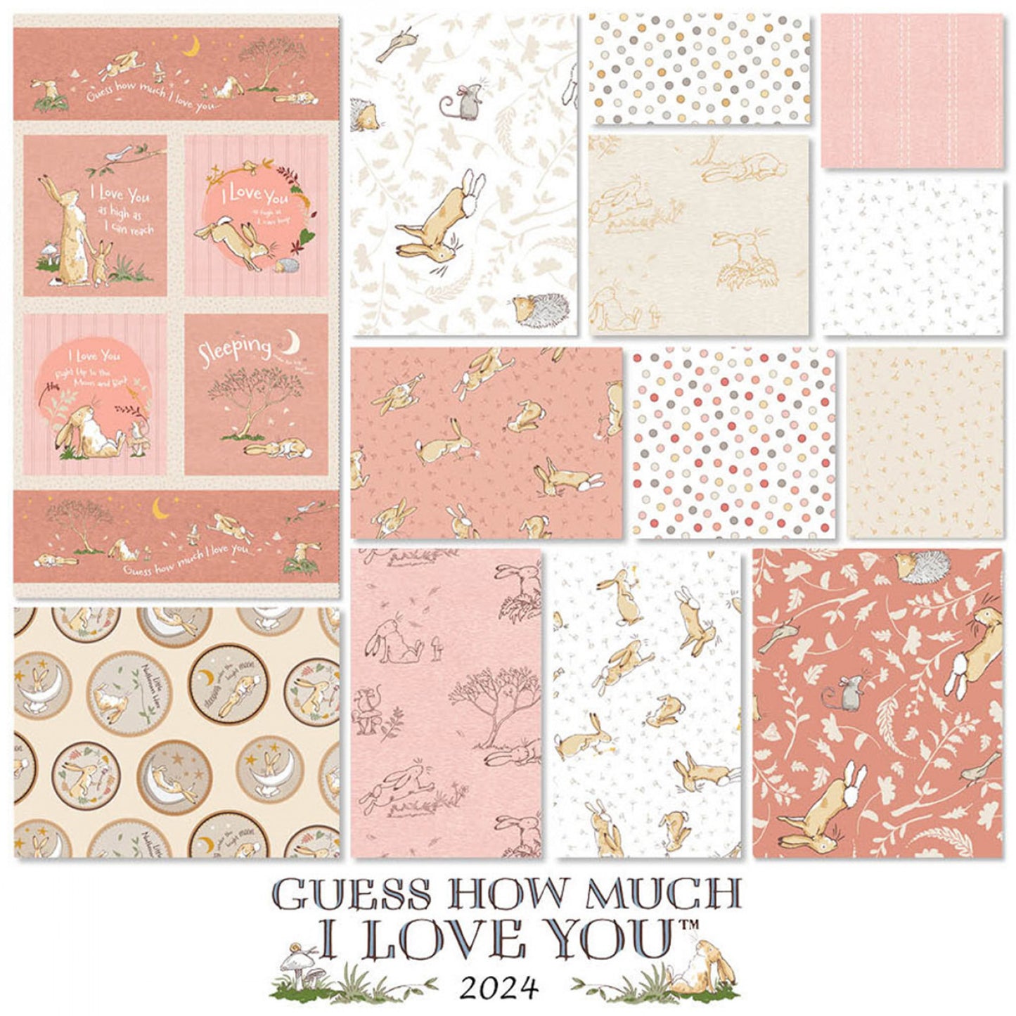 Licensed Guess How Much I Love You 2024 Rust Fat Quarter Quarter Bundle of 12 & 1 panel FQ0479 Bundle