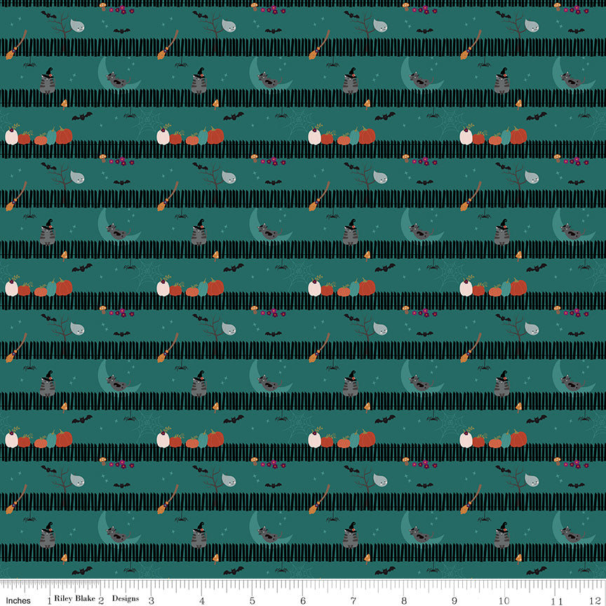 Little Witch by Jennifer Long Sitting on a Gate Teal C14564-TEAL Cotton Woven Fabric