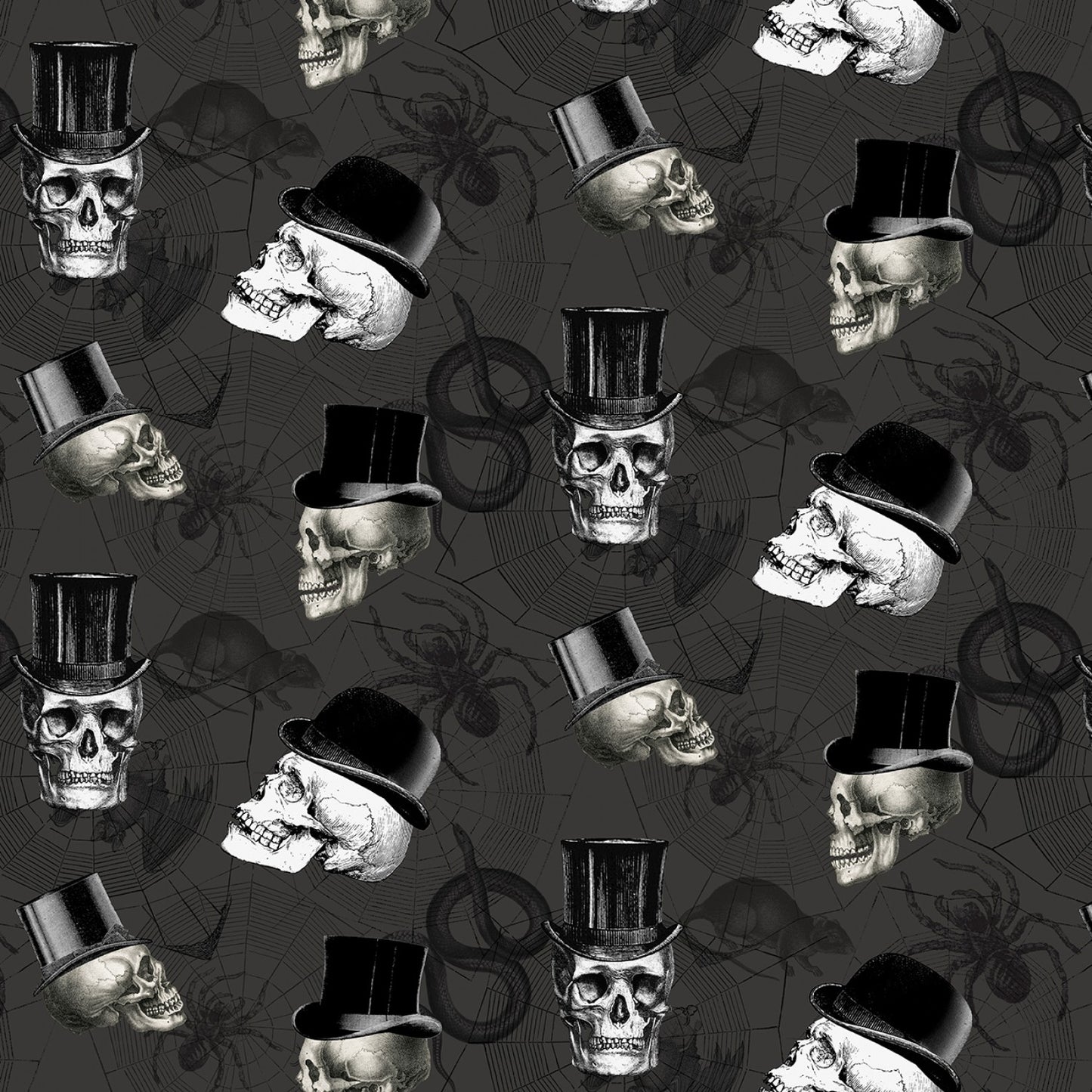 Wicked Skulls In Top Hats Charcoal C1445-CHARCOAL Cotton Woven Fabric